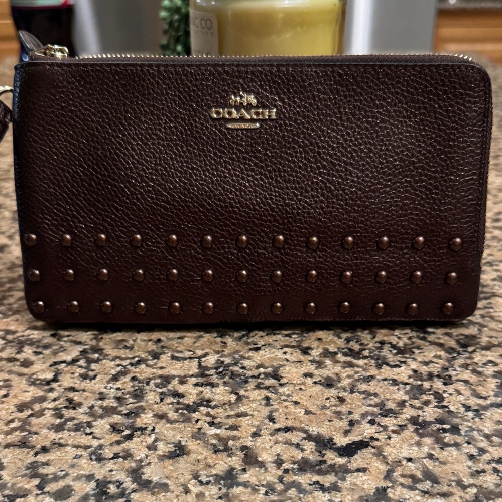 Coach Dark Brown Studded Zip Wallet